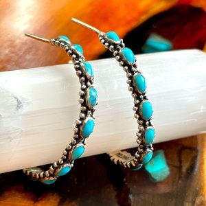 Navajo sterling silver turquoise hoop earrings